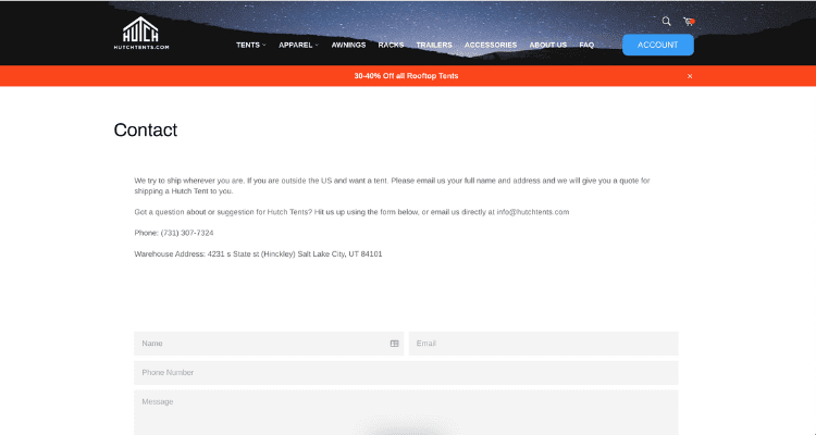 Hutch Tents has great customer support - screenshot of HutchTents.com contact page